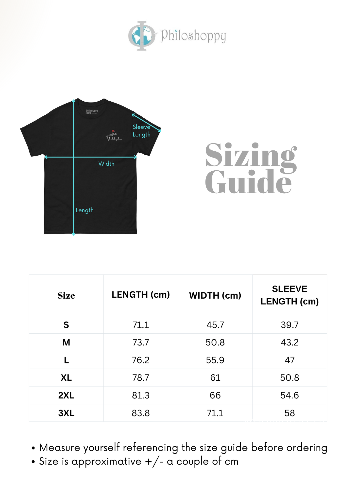 T-shirt with size chart and Philoshoppy branding