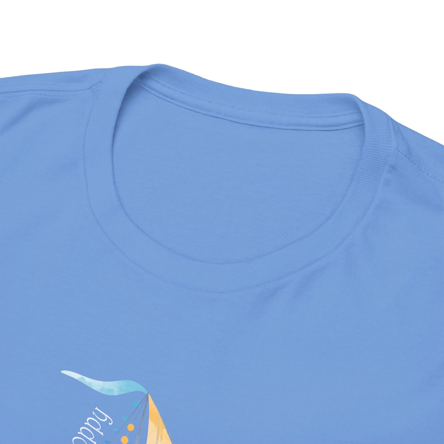Carolina blue cotton T-shirt from Philoshoppy featuring a sailing boat illustration and the phrase 'lost in the blue', expressing ocean calm, wanderlust, and sea-inspired freedom.