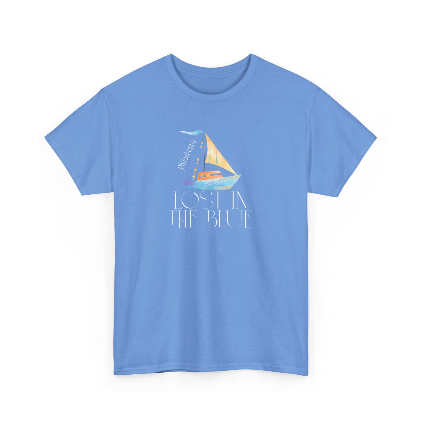 Carolina blue cotton T-shirt from Philoshoppy featuring a sailing boat illustration and the phrase 'lost in the blue', expressing ocean calm, wanderlust, and sea-inspired freedom.