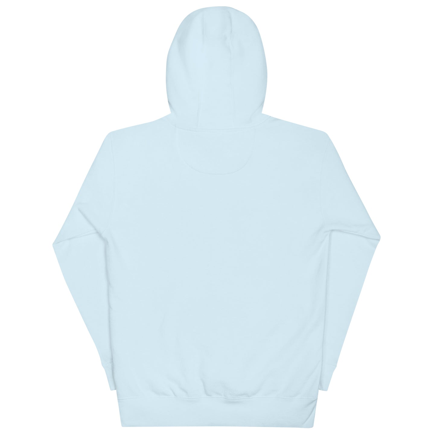 Mockup of the back of a Light blue hoodie featuring the words “Be Here Now”, a wearable reminder to pause, breathe, and find presence in each moment.