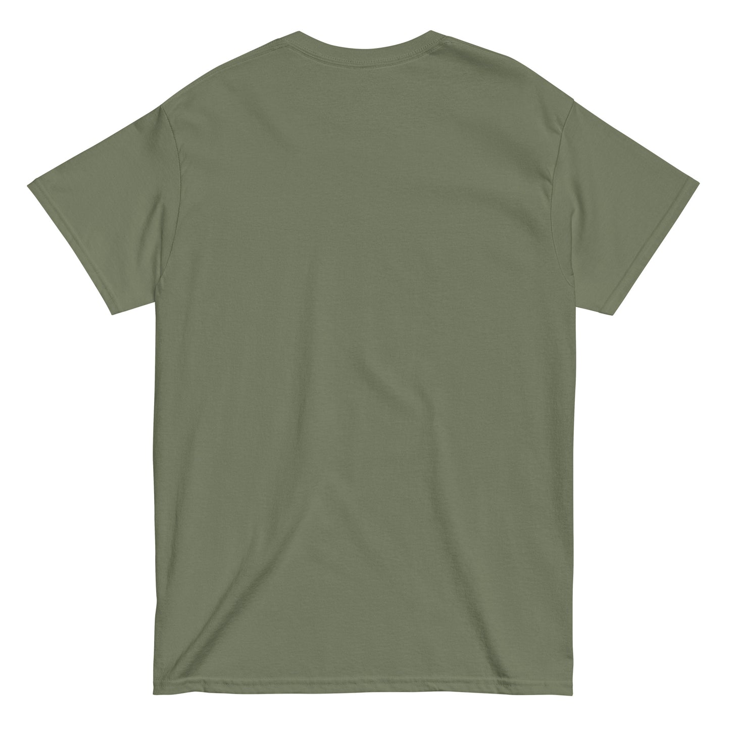 Back view of military green unisex cotton T-shirt from the Her Philosophies collection.