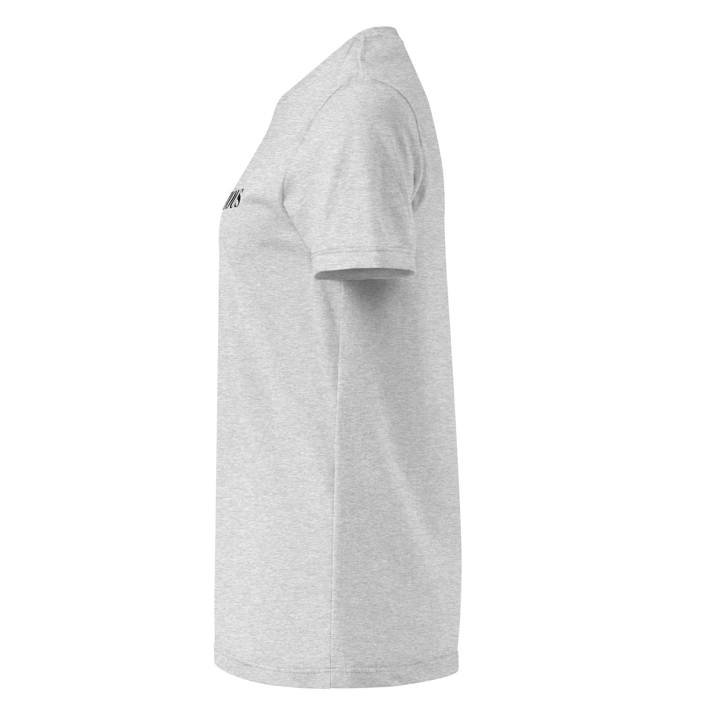 Left side view of grey women’s cotton T-shirt featuring “Too Ambitious” with crossed-out “Too”.