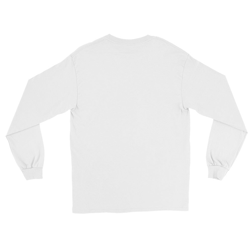 Back of White unisex cotton long-sleeve t-shirt with “Healing (noun)” text and simple Buddha drawing , soft, breathable, minimalist design.
