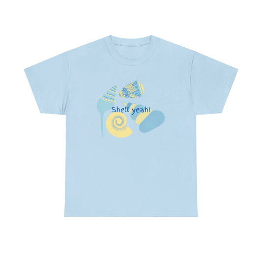 Blue T-shirt from Philoshoppy featuring yellow and blue shell illustrations with the phrase 'shell yeah', expressing playful beach energy and seaside positivity.