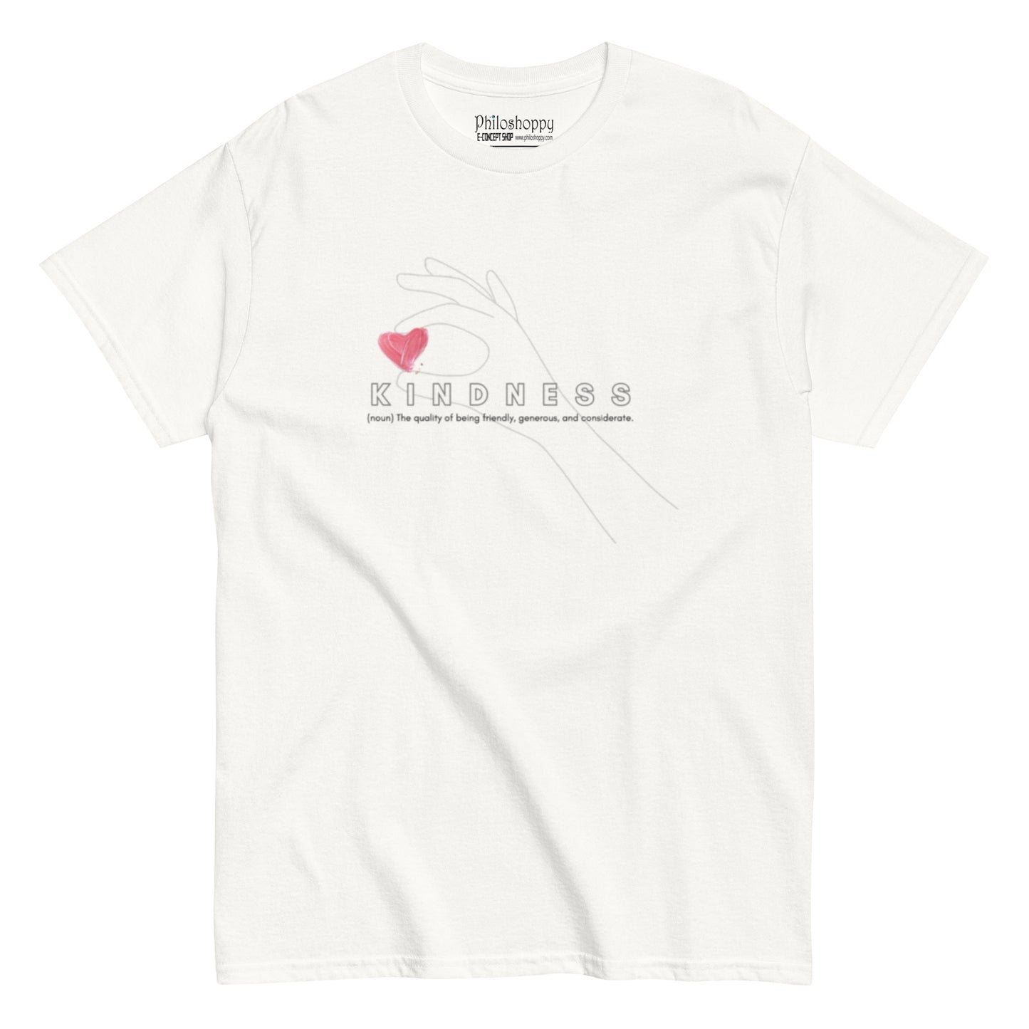 White cotton t-shirt featuring the word “Kindness”,  a wearable reminder to move gently, live openly, and choose compassion daily.