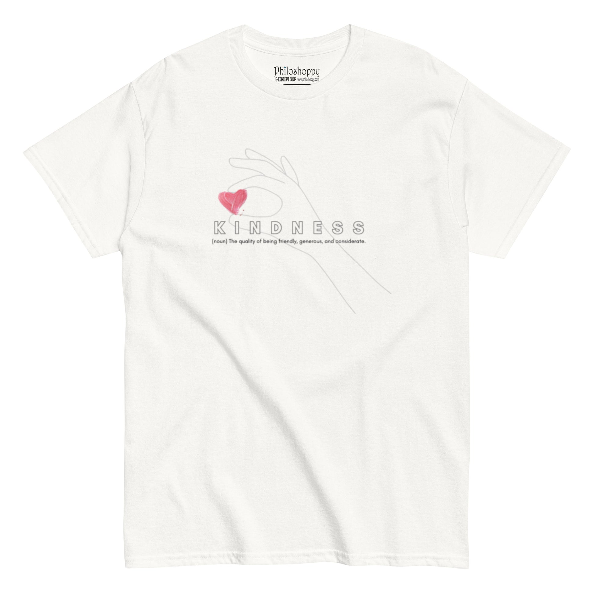 White cotton t-shirt featuring the word “Kindness”,  a wearable reminder to move gently, live openly, and choose compassion daily.