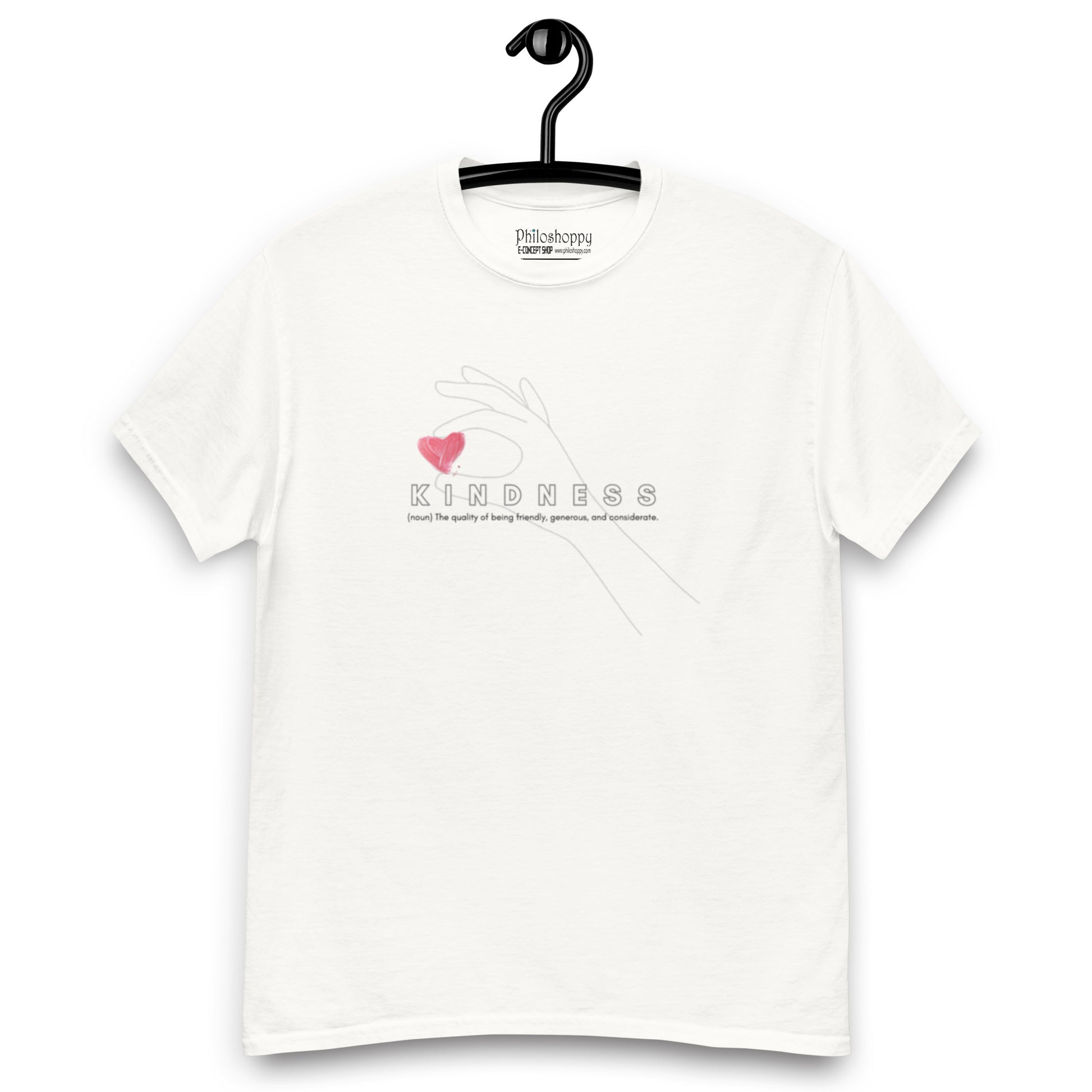 Clean white t-shirt with the word “Kindness”, a versatile unisex shirt symbolizing compassion, empathy, and mindful living.