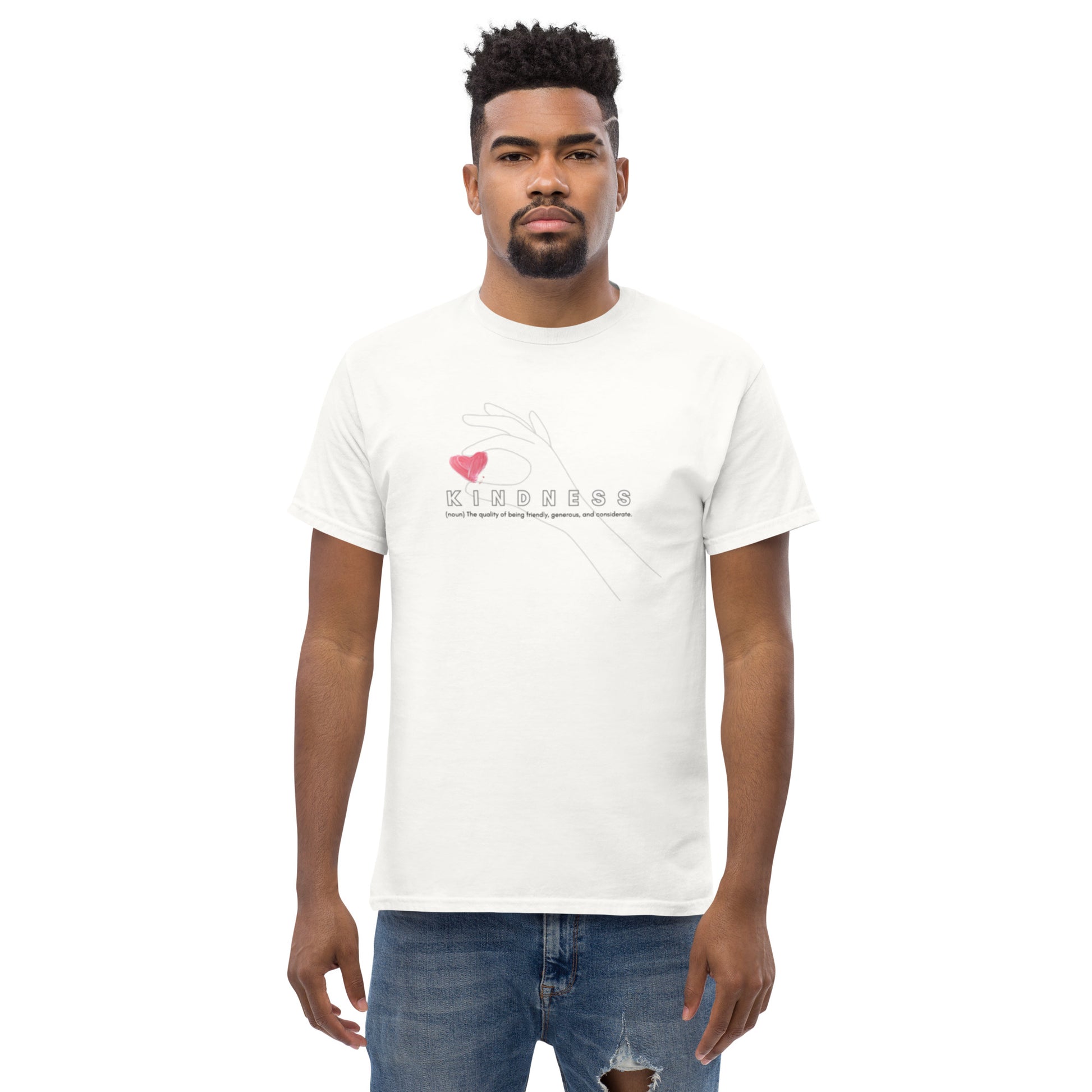 White cotton t-shirt featuring the word “Kindness” and its explanation, a wearable reminder to move gently, live openly, and choose compassion daily.