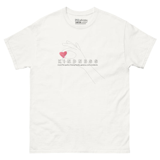 White unisex cotton t-shirt with minimalist “Kindness” print, soft, breathable fabric for everyday comfort.