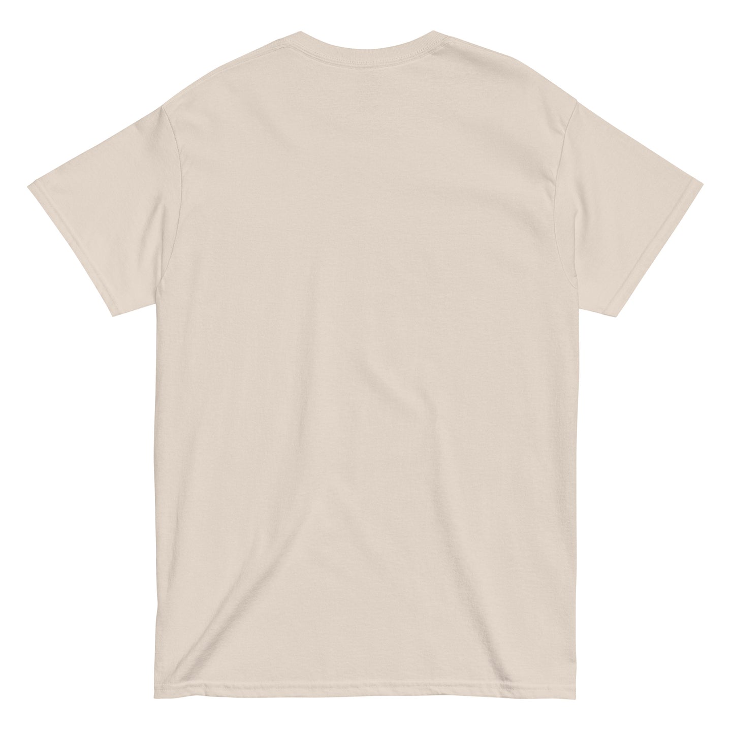 Back of beige unisex cotton t-shirt with minimalist “Resilience” print,  soft, breathable fabric for everyday