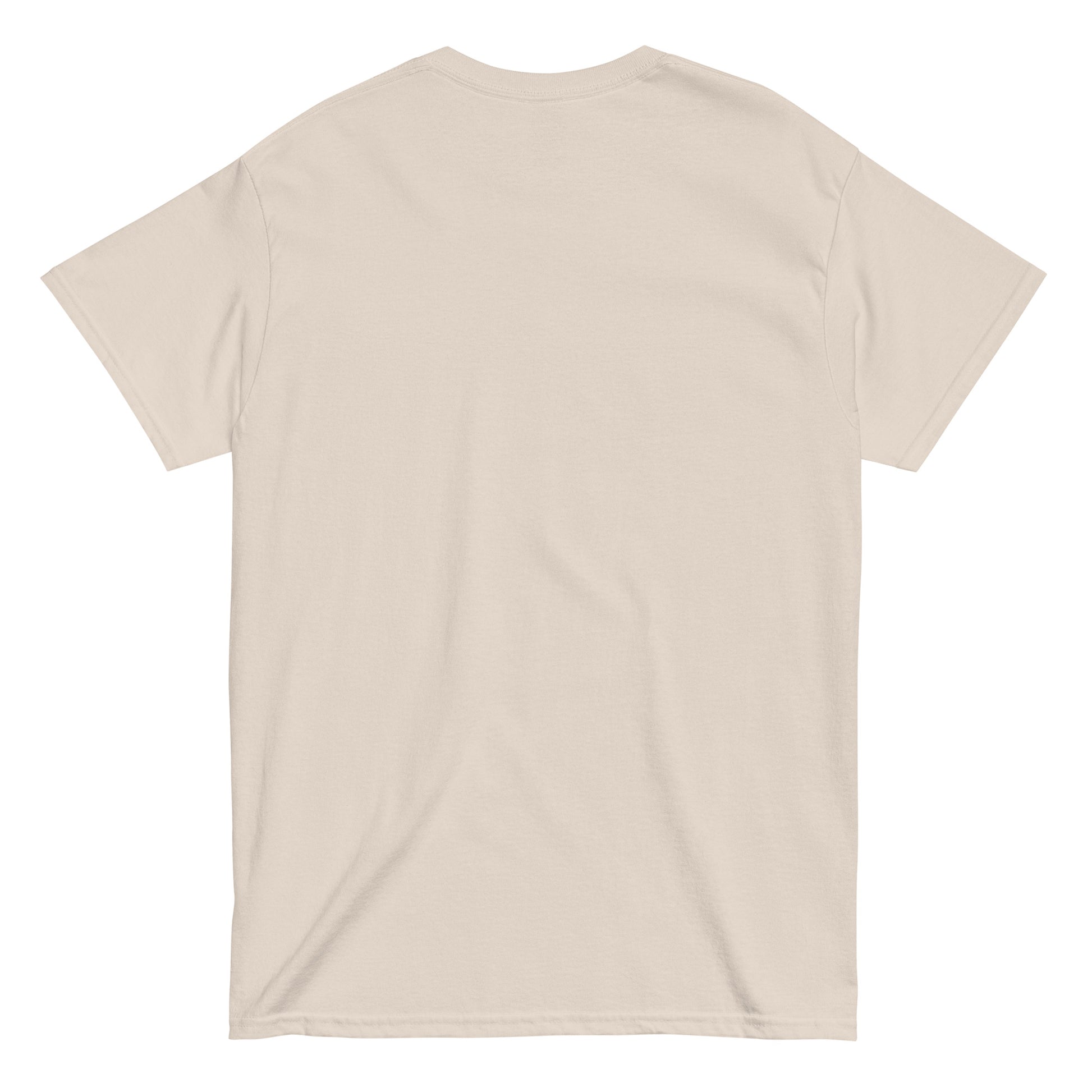 Back of beige unisex cotton t-shirt with minimalist “Resilience” print,  soft, breathable fabric for everyday
