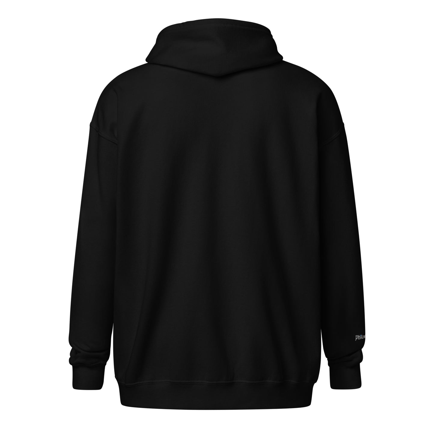 Black unisex cotton zipped hoodie with “Catch the Joy” embroidery and origami plane design, soft, minimal, relaxed fit.