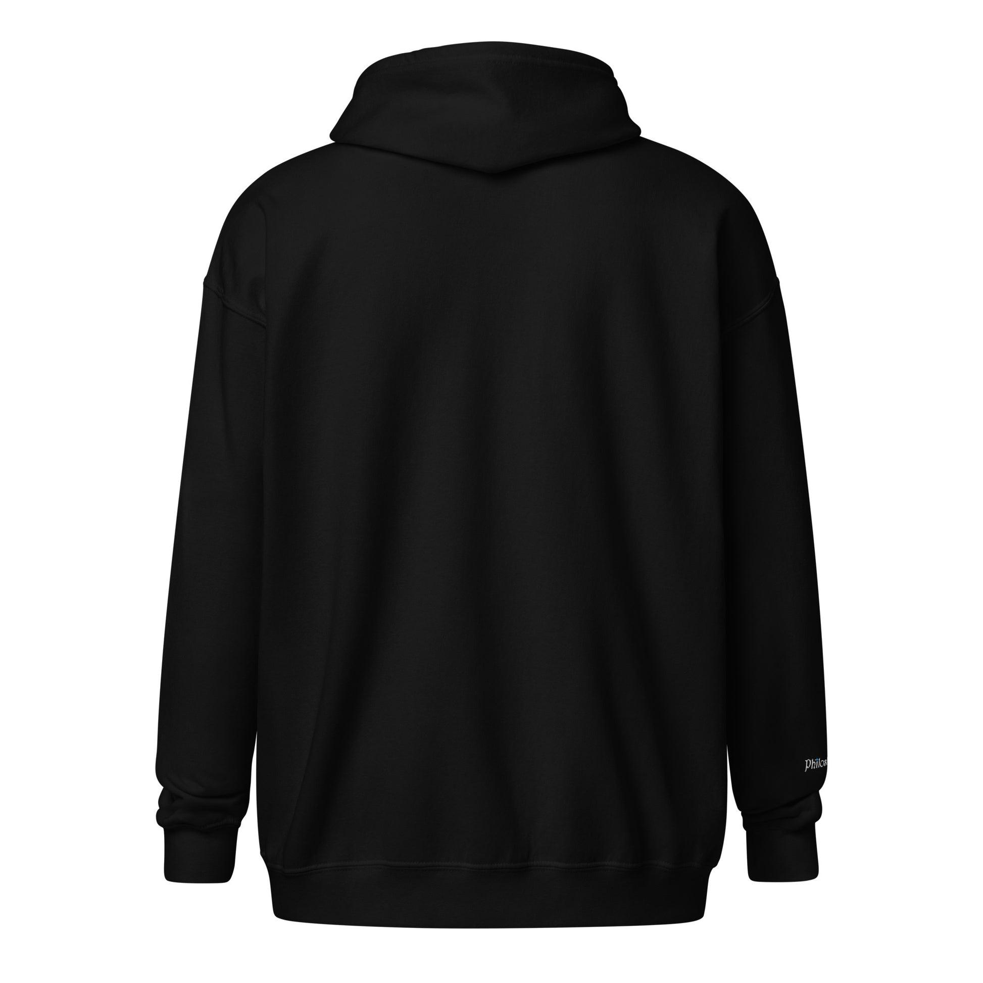 Black unisex cotton zipped hoodie with “Catch the Joy” embroidery and origami plane design, soft, minimal, relaxed fit.
