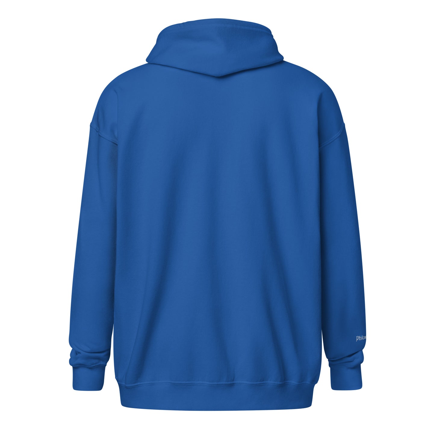 back of Royal blue unisex cotton zipped hoodie with “Be Kind Anyway” embroidery and minimal cat design, soft, relaxed fit.