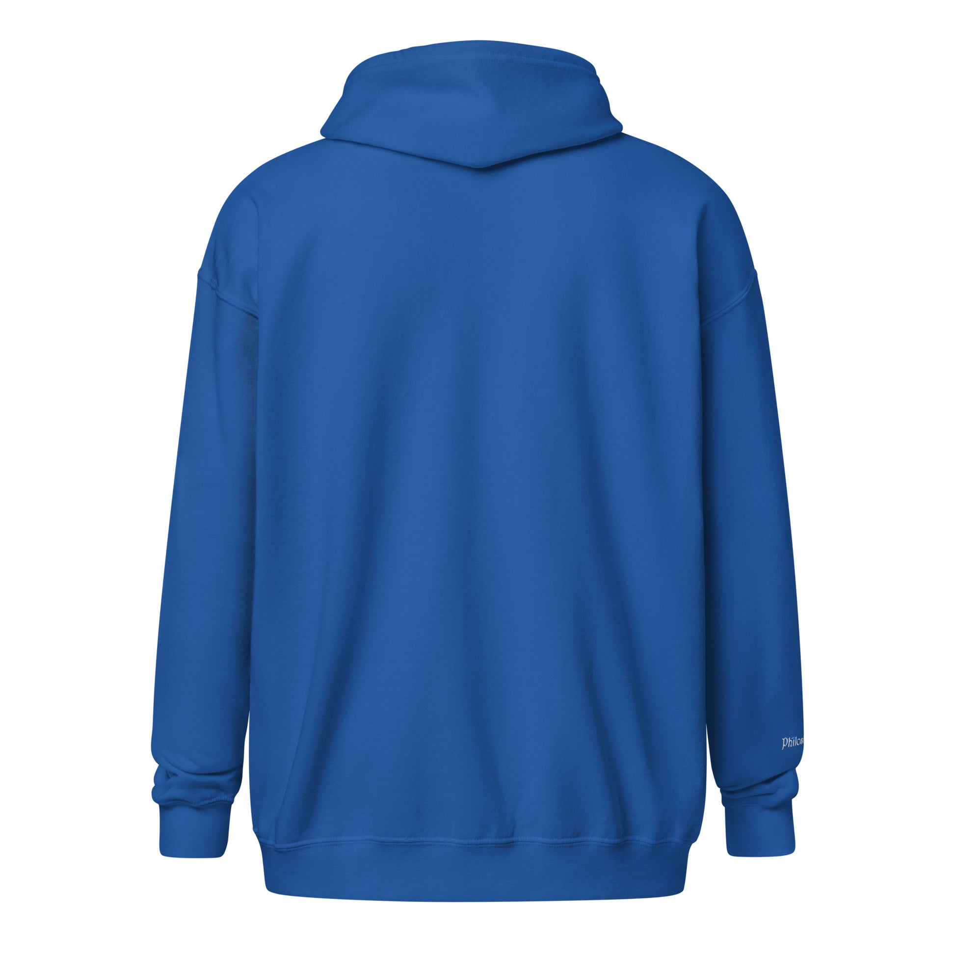 back of Royal blue unisex cotton zipped hoodie with “Be Kind Anyway” embroidery and minimal cat design, soft, relaxed fit.