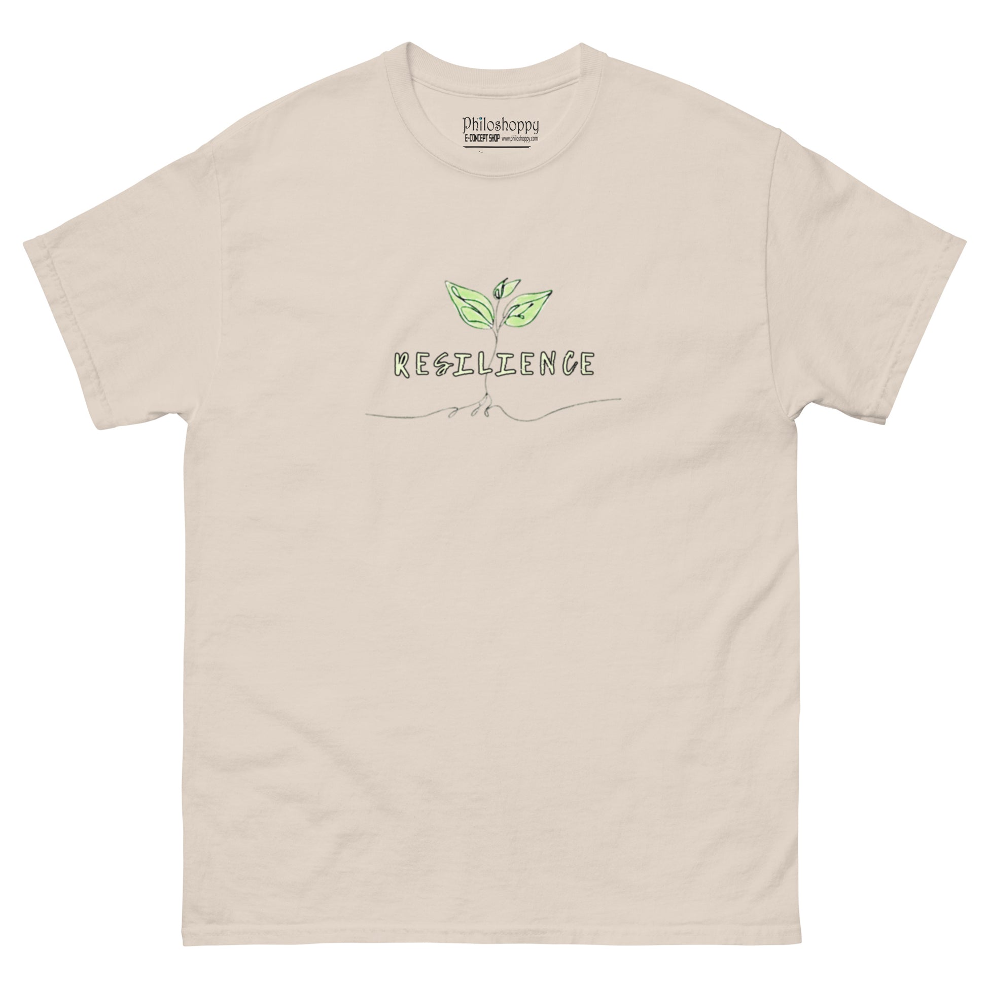 Beige unisex cotton t-shirt with minimalist “Resilience” print, soft, breathable fabric for everyday