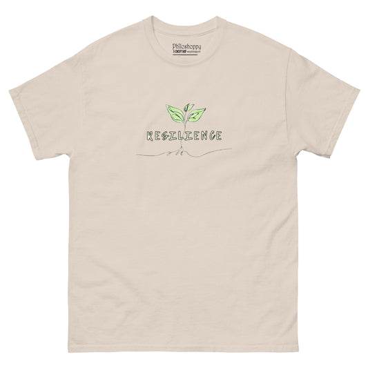 Beige unisex cotton t-shirt with minimalist “Resilience” print, soft, breathable fabric for everyday