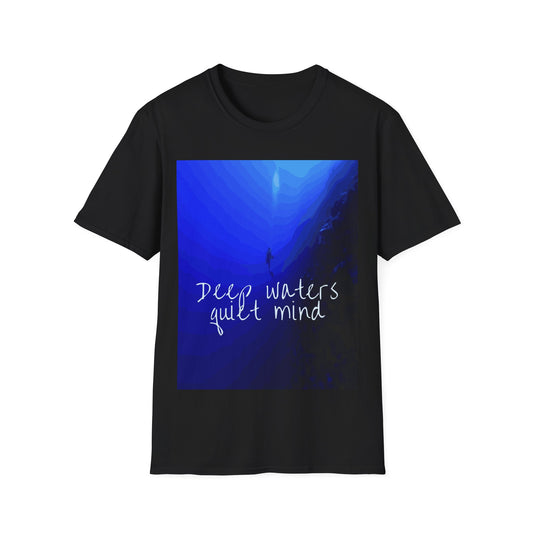 Black T-shirt from Philoshoppy concept eshop with a deep water diver graphic and the phrase 'deep water quiet mind', symbolizing calm, introspection, and depth of thought.