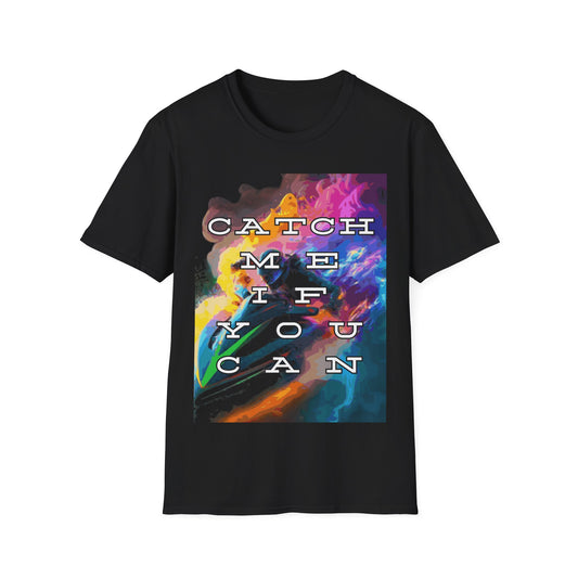 Black jet ski T-shirt from Philoshoppy featuring a dynamic watersport design and the phrase 'catch me if you can'—ideal for summer thrill seekers and speed enthusiasts