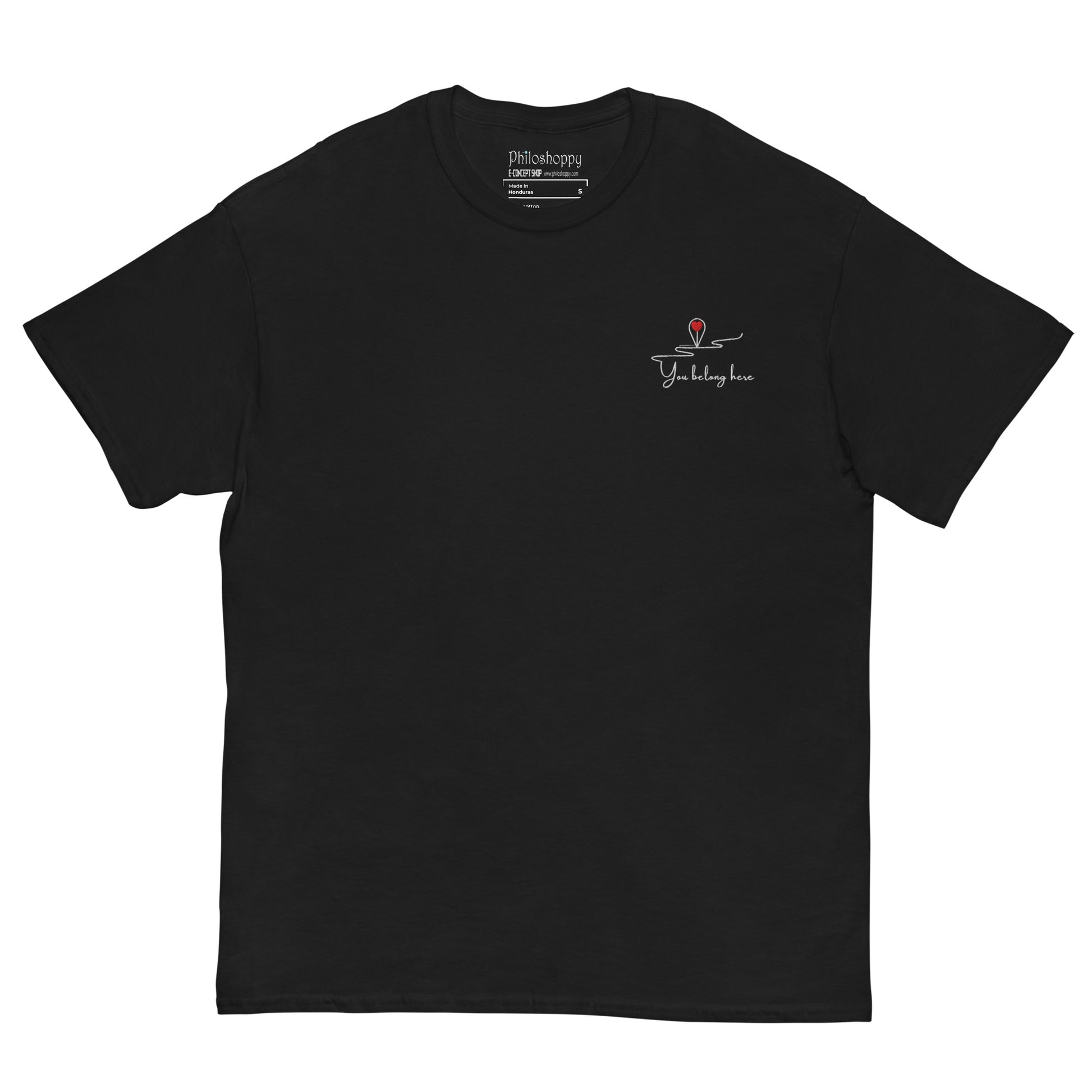 Black unisex cotton t-shirt featuring “You Belong Here” embroidery, a quiet reminder that every moment and every person has a place, just as they are.