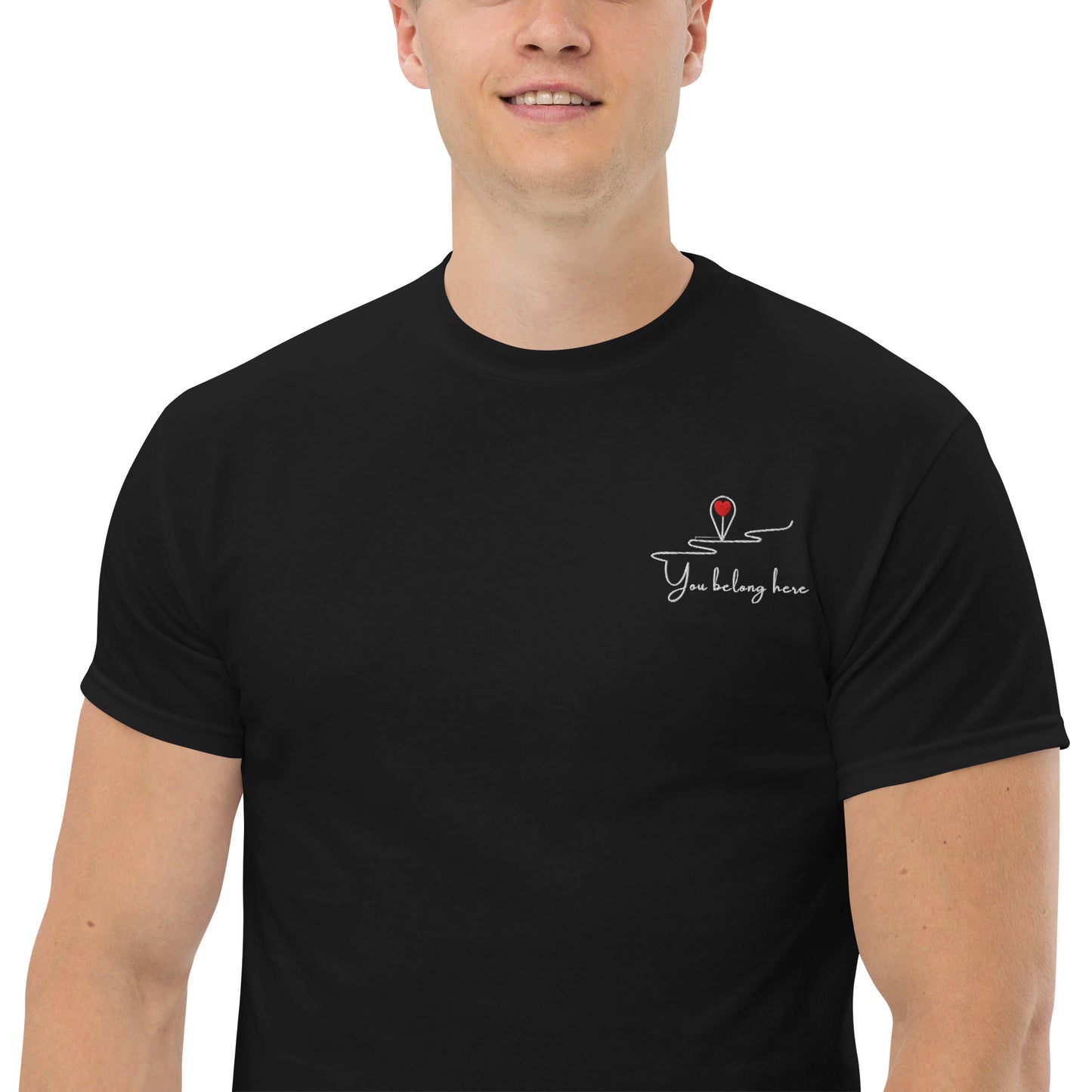 Black embroidered t-shirt with “You Belong Here” text , unisex cotton tee symbolizing belonging, acceptance, and self-worth.