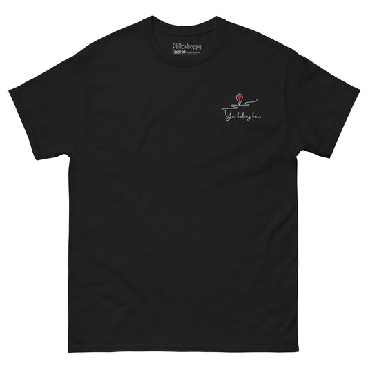 Black unisex cotton t-shirt featuring “You Belong Here” embroidery, a quiet reminder that every moment and every person has a place, just as they are.