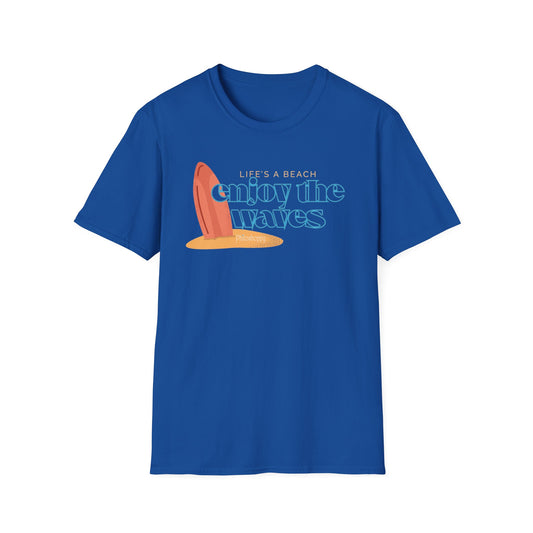 Blue T-shirt from Philoshoppy featuring a surfer design and the phrase 'life’s a beach, enjoy the waves', symbolizing a joyful, go-with-the-flow life philosophy