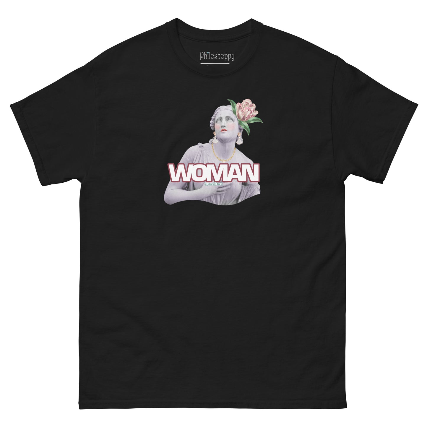 Front view of black unisex cotton T-shirt with “Bold Woman” text and woman illustration.