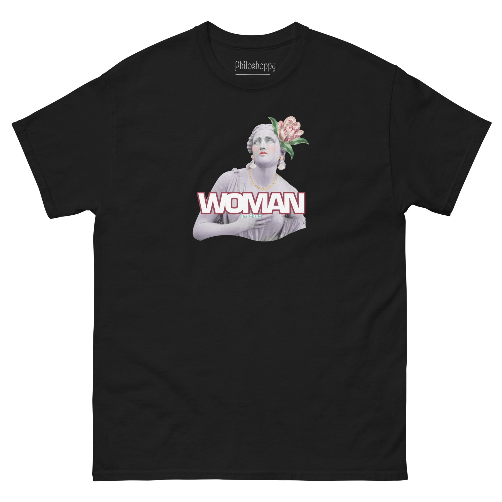 Front view of black unisex cotton T-shirt with “Bold Woman” text and woman illustration.