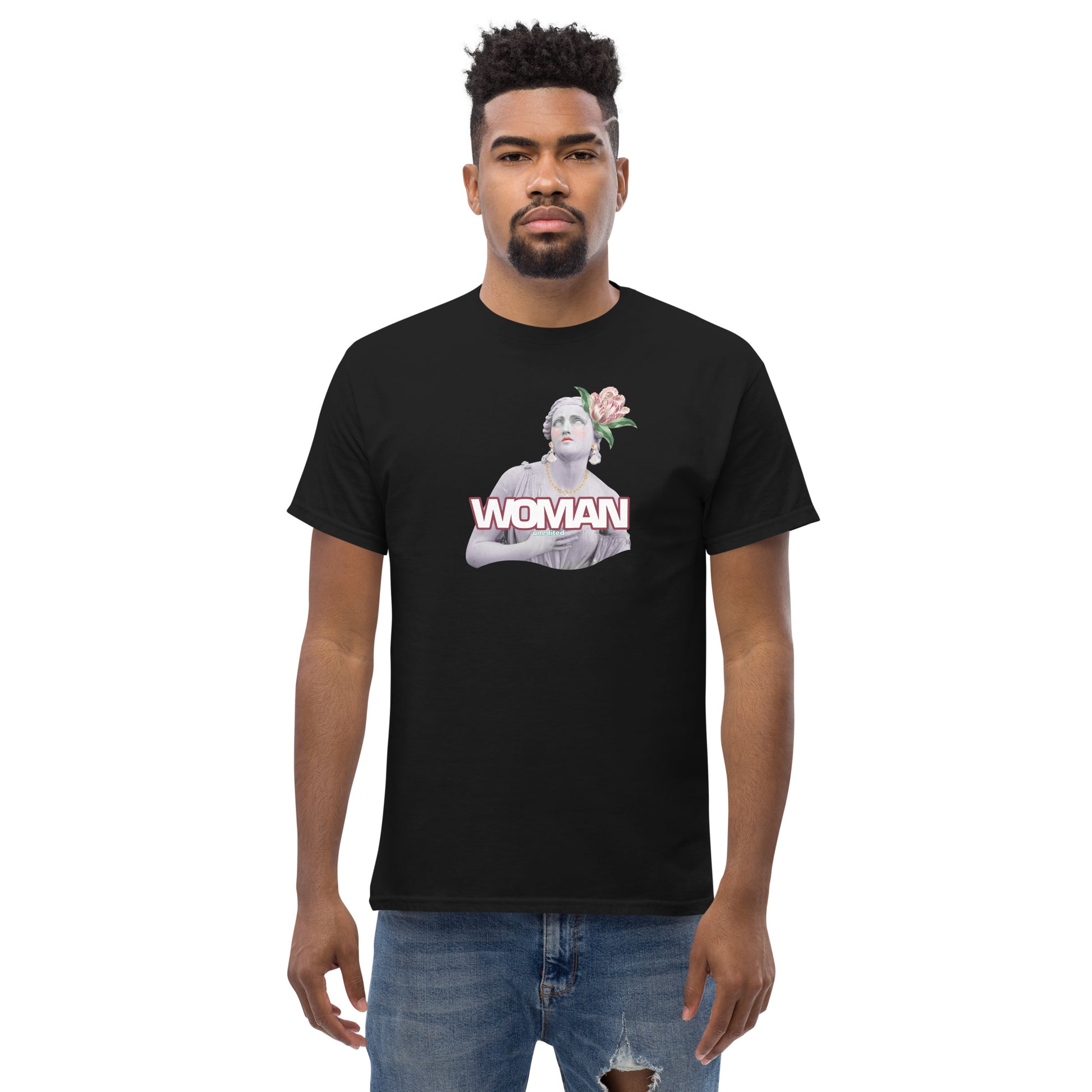 Male model wearing black “Bold Woman” unisex cotton T-shirt with woman illustration, celebrating empowerment and confidence.