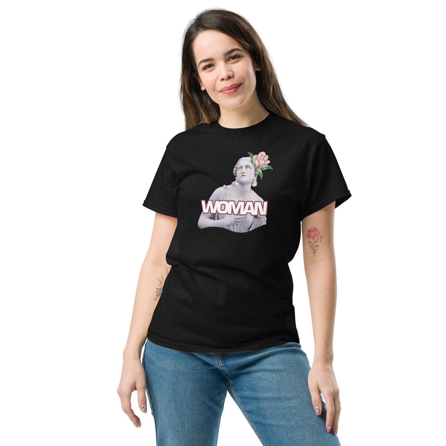 Female model wearing black “Bold Woman” unisex cotton T-shirt with woman illustration, celebrating empowerment and confidence.