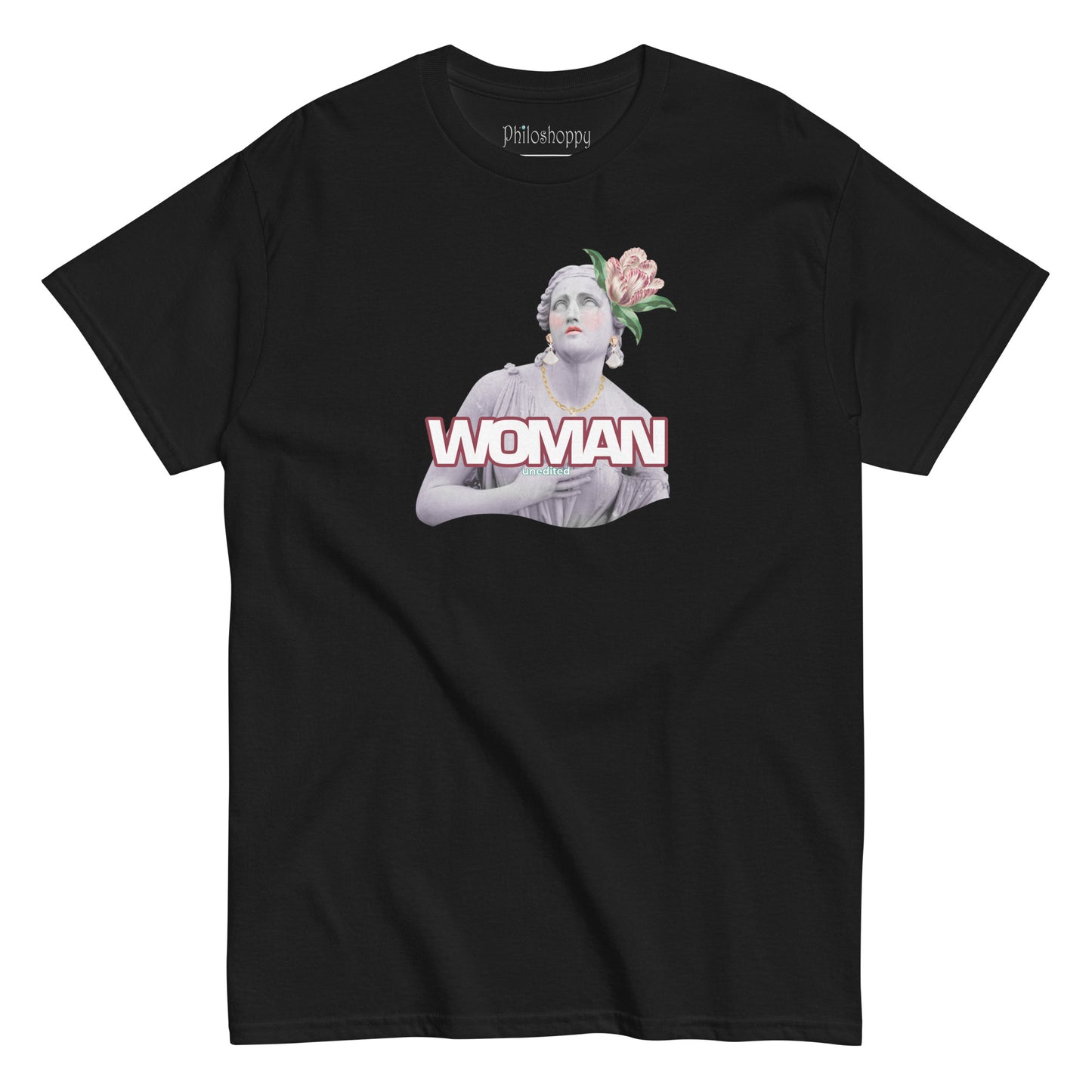 Front view of black unisex cotton T-shirt with “Bold Woman” text and woman illustration.
