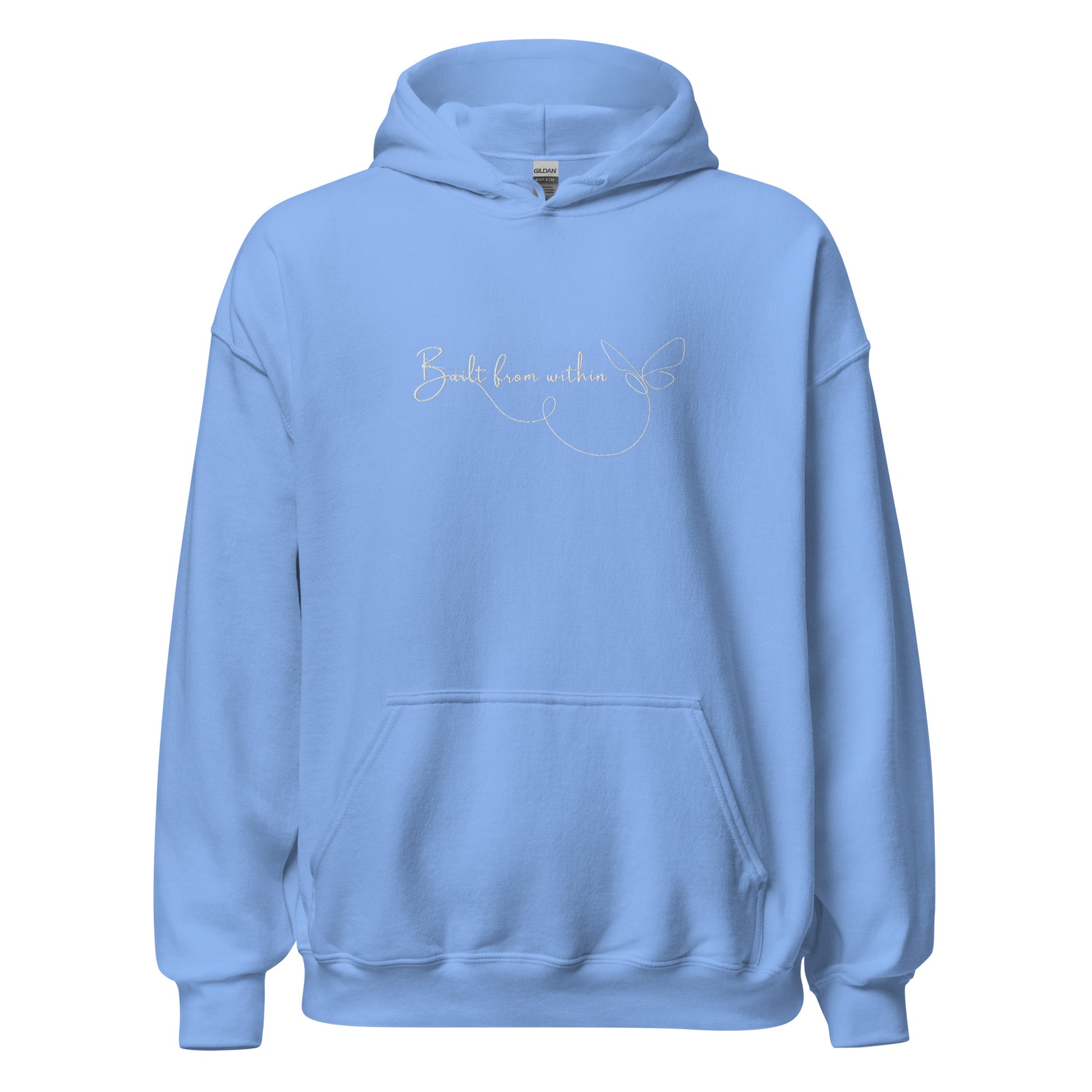 Light blue embroidered hoodie featuring the phrase “Build From Within”, a wearable reminder that real growth starts quietly, from the inside out