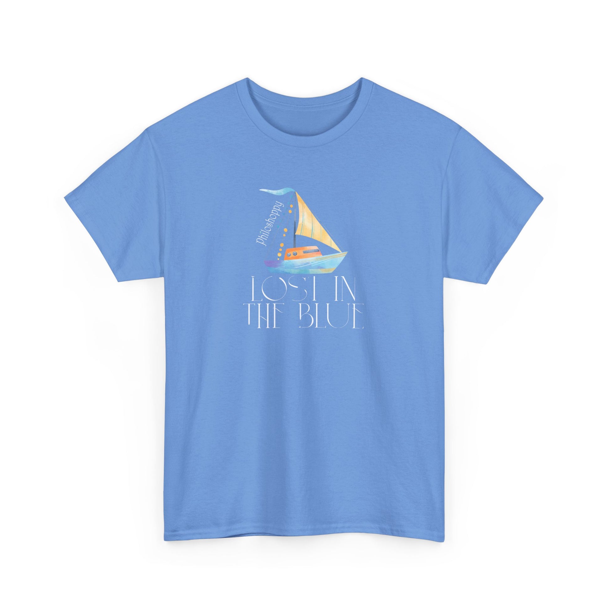 Carolina blue cotton T-shirt from Philoshoppy featuring a sailing boat illustration and the phrase 'lost in the blue', expressing ocean calm, wanderlust, and sea-inspired freedom.