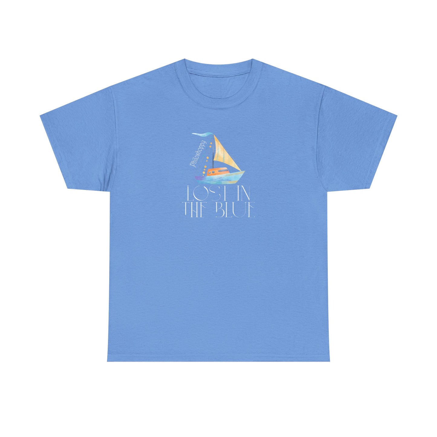 Carolina blue cotton T-shirt from Philoshoppy featuring a sailing boat illustration and the phrase 'lost in the blue', expressing ocean calm, wanderlust, and sea-inspired freedom.