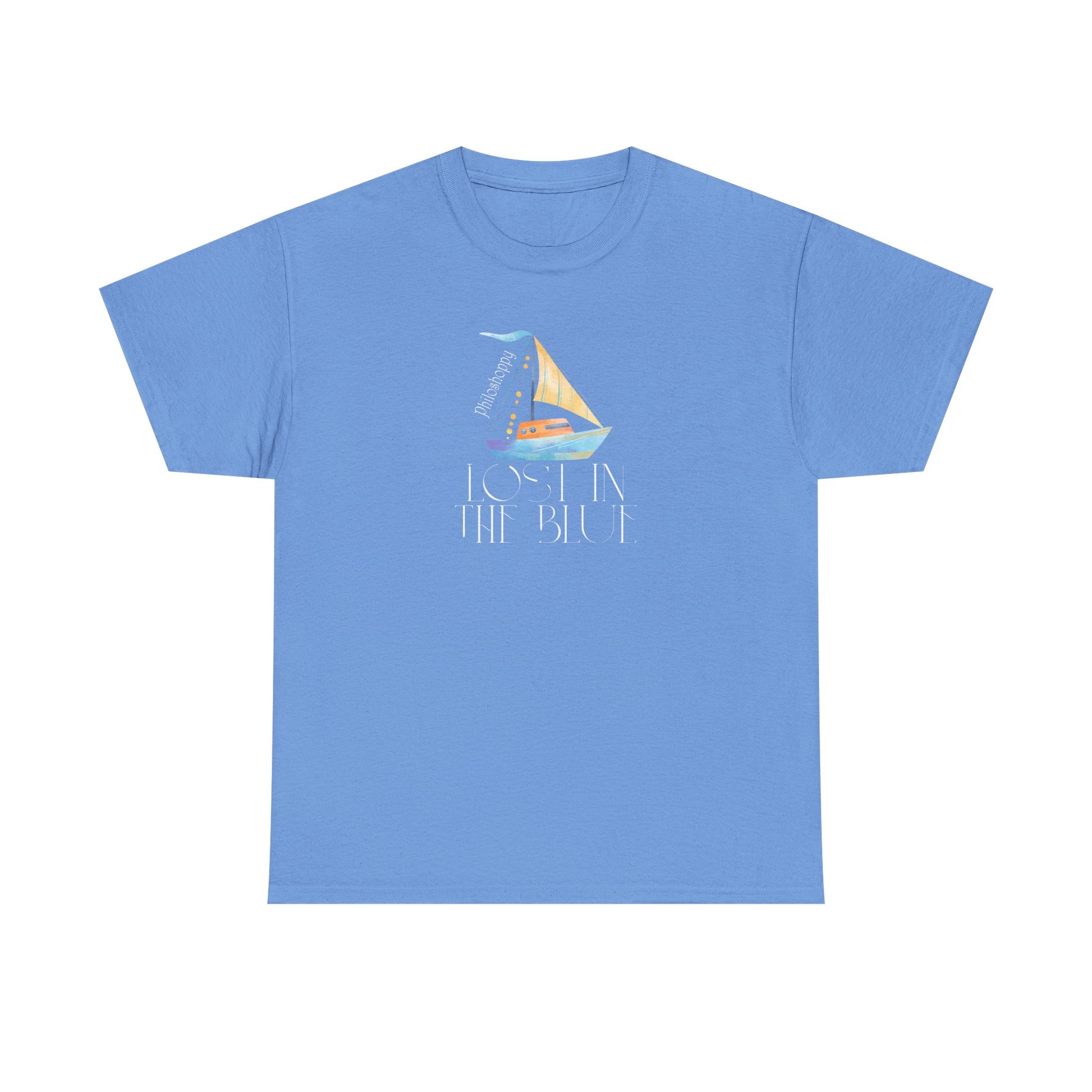 Carolina blue cotton T-shirt from Philoshoppy featuring a sailing boat illustration and the phrase 'lost in the blue', expressing ocean calm, wanderlust, and sea-inspired freedom.