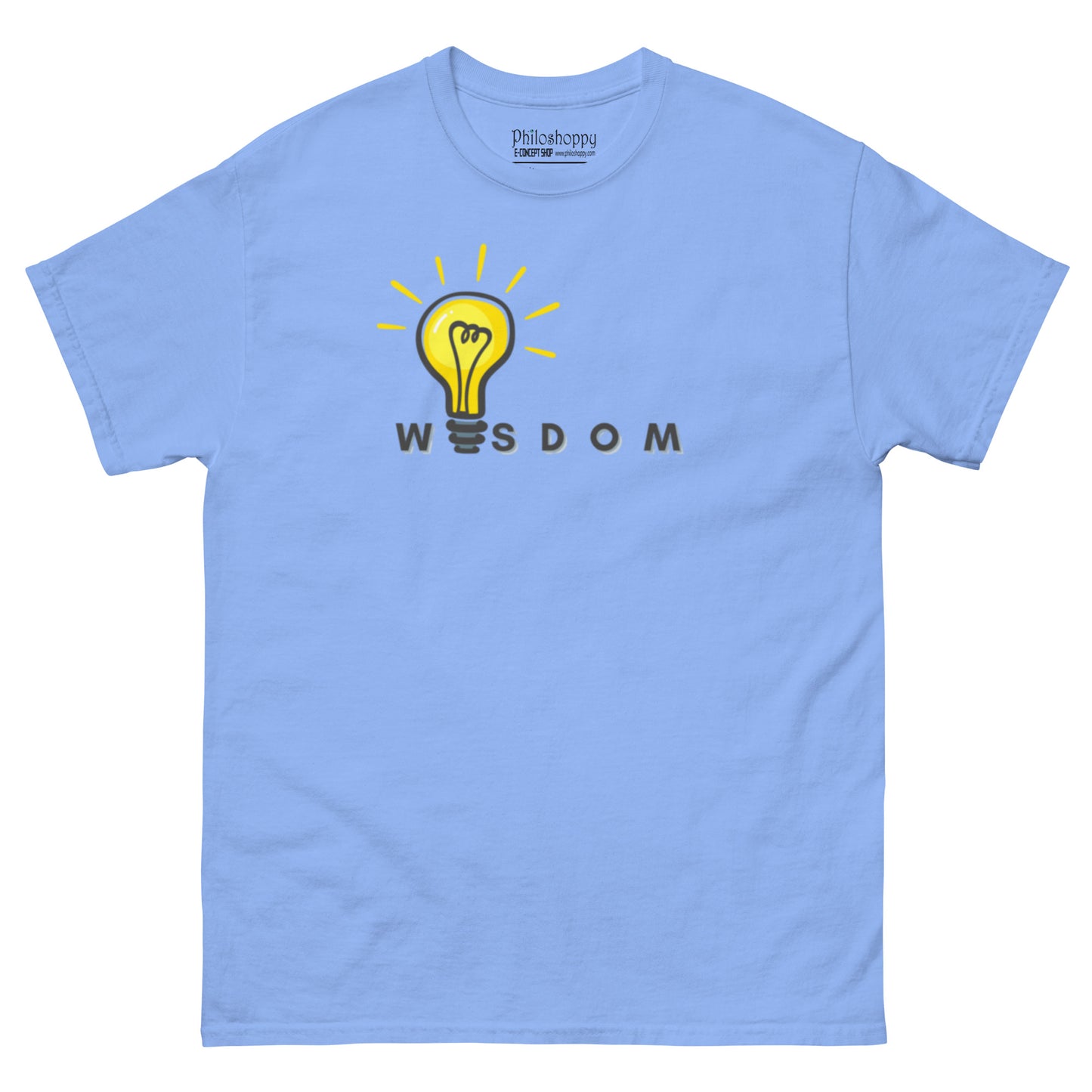 Carolina Blue printed t-shirt with “Wisdom” text, unisex cotton tee symbolizing insight, reflection, and mindful understanding.