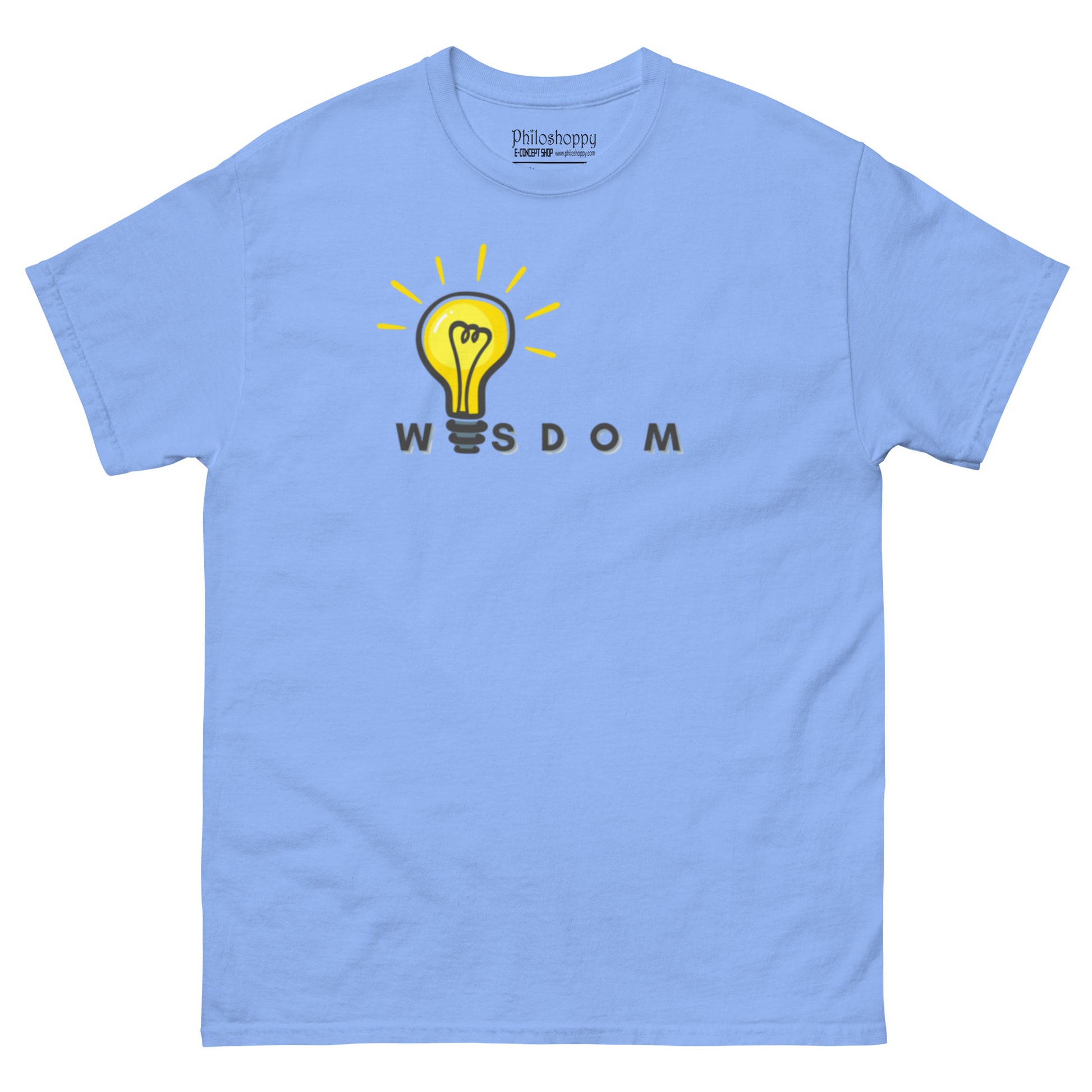 Carolina Blue printed t-shirt with “Wisdom” text, unisex cotton tee symbolizing insight, reflection, and mindful understanding.
