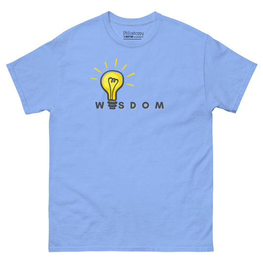 Carolina Blue printed t-shirt with “Wisdom” text, unisex cotton tee symbolizing insight, reflection, and mindful understanding.