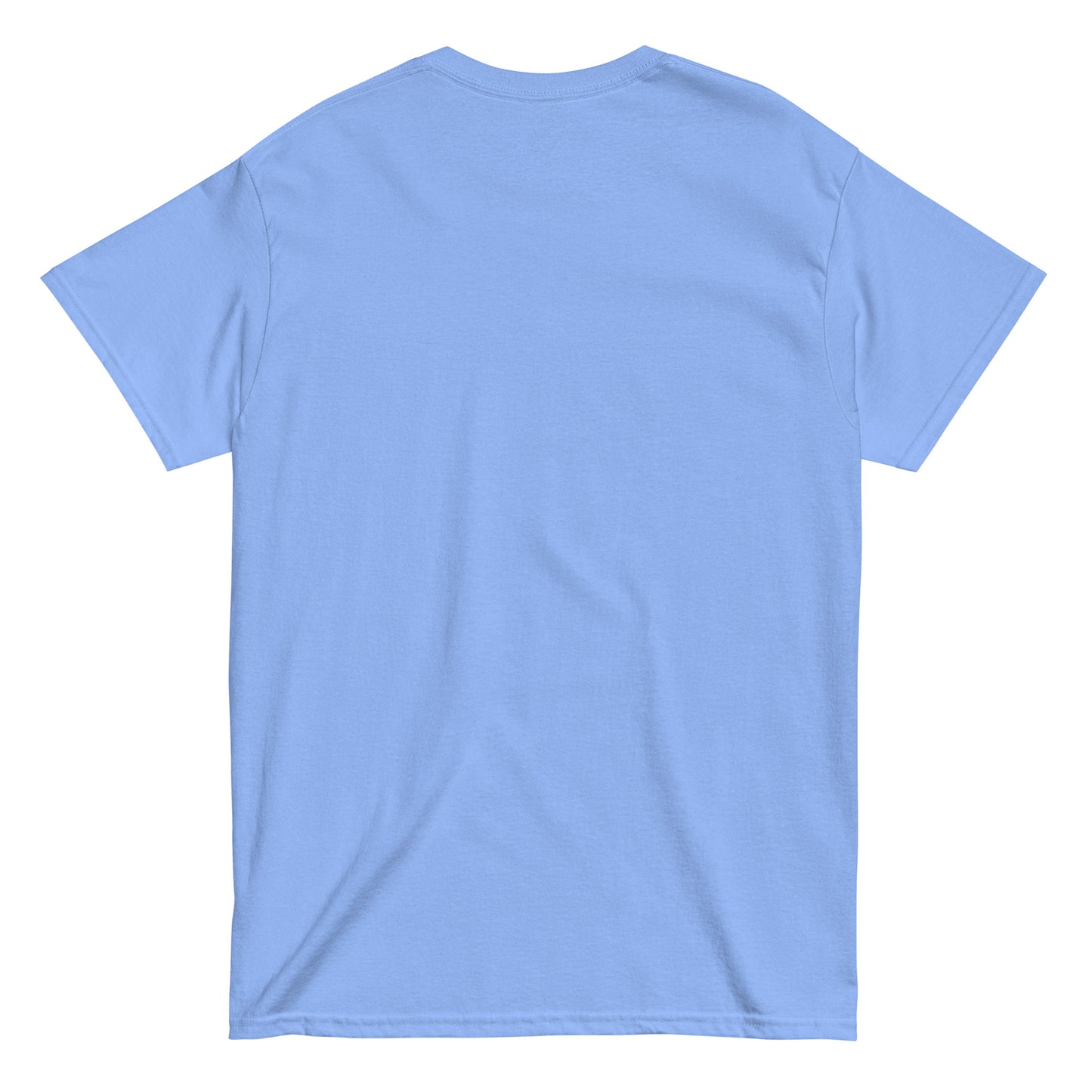 Back of Carolina blue unisex cotton t-shirt with “Wonder” text and playful symbolic design, soft, breathable, relaxed fit.