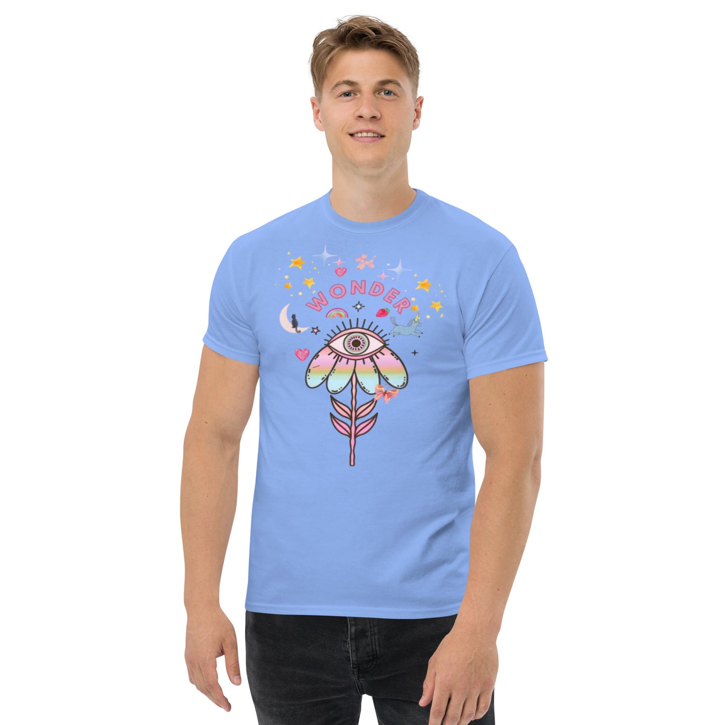 Carolina blue t-shirt with “Wonder” print and artistic details, unisex design celebrating curiosity, imagination, and mindful joy.