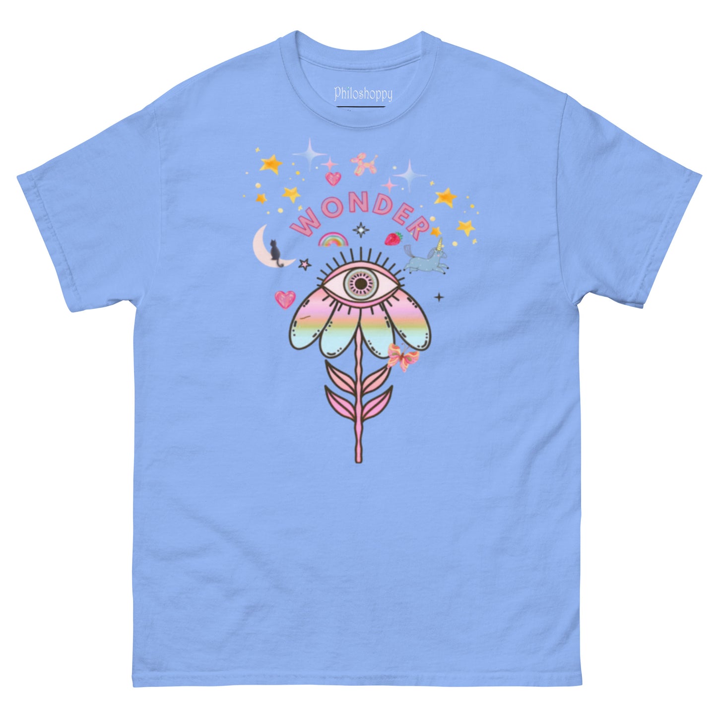 Carolina blue unisex cotton t-shirt featuring “Wonder”, a wearable reminder to stay open, curious, and amazed by the small magic of life.