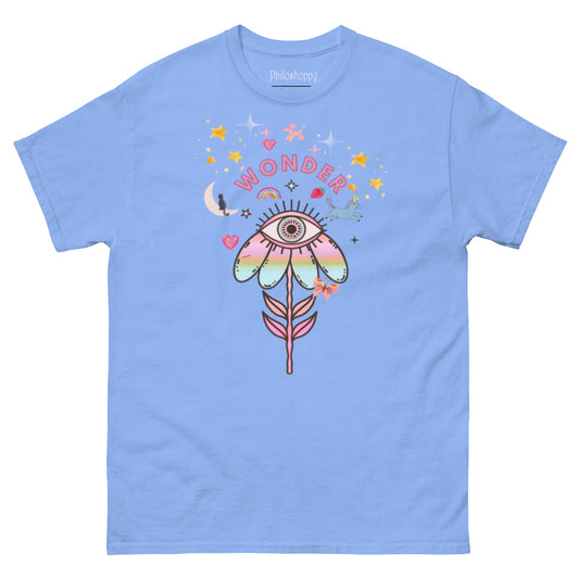 Carolina blue unisex cotton t-shirt featuring “Wonder”, a wearable reminder to stay open, curious, and amazed by the small magic of life.