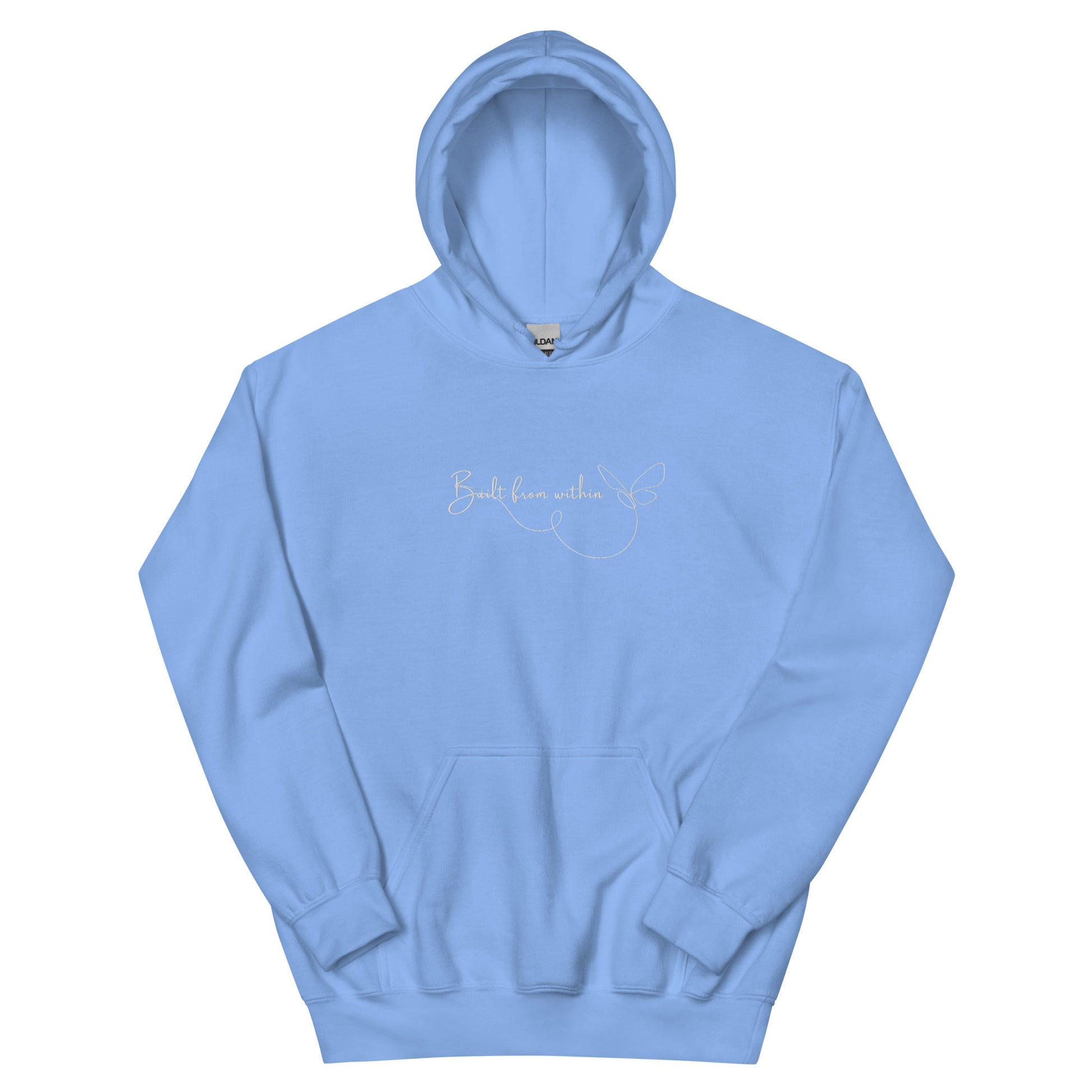 Light blue embroidered hoodie featuring the phrase “Build From Within”, a wearable reminder that real growth starts quietly, from the inside out.