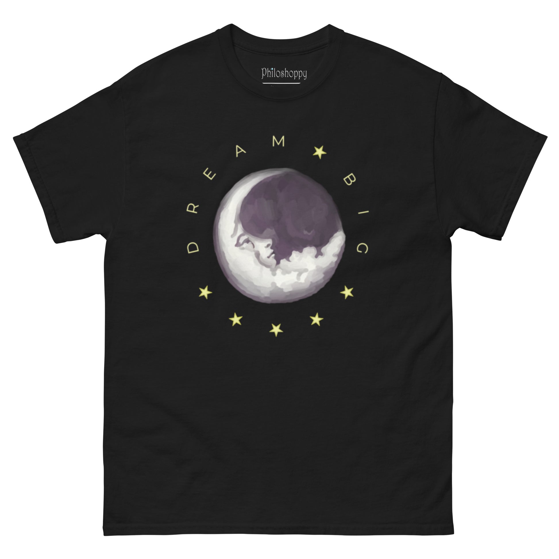 Black unisex Dream Big moon graphic t-shirt featuring circular lunar illustration and typography design