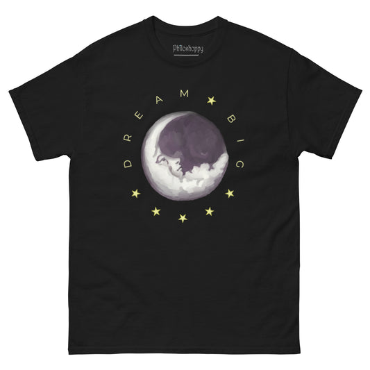 Black unisex Dream Big moon graphic t-shirt featuring circular lunar illustration and typography design