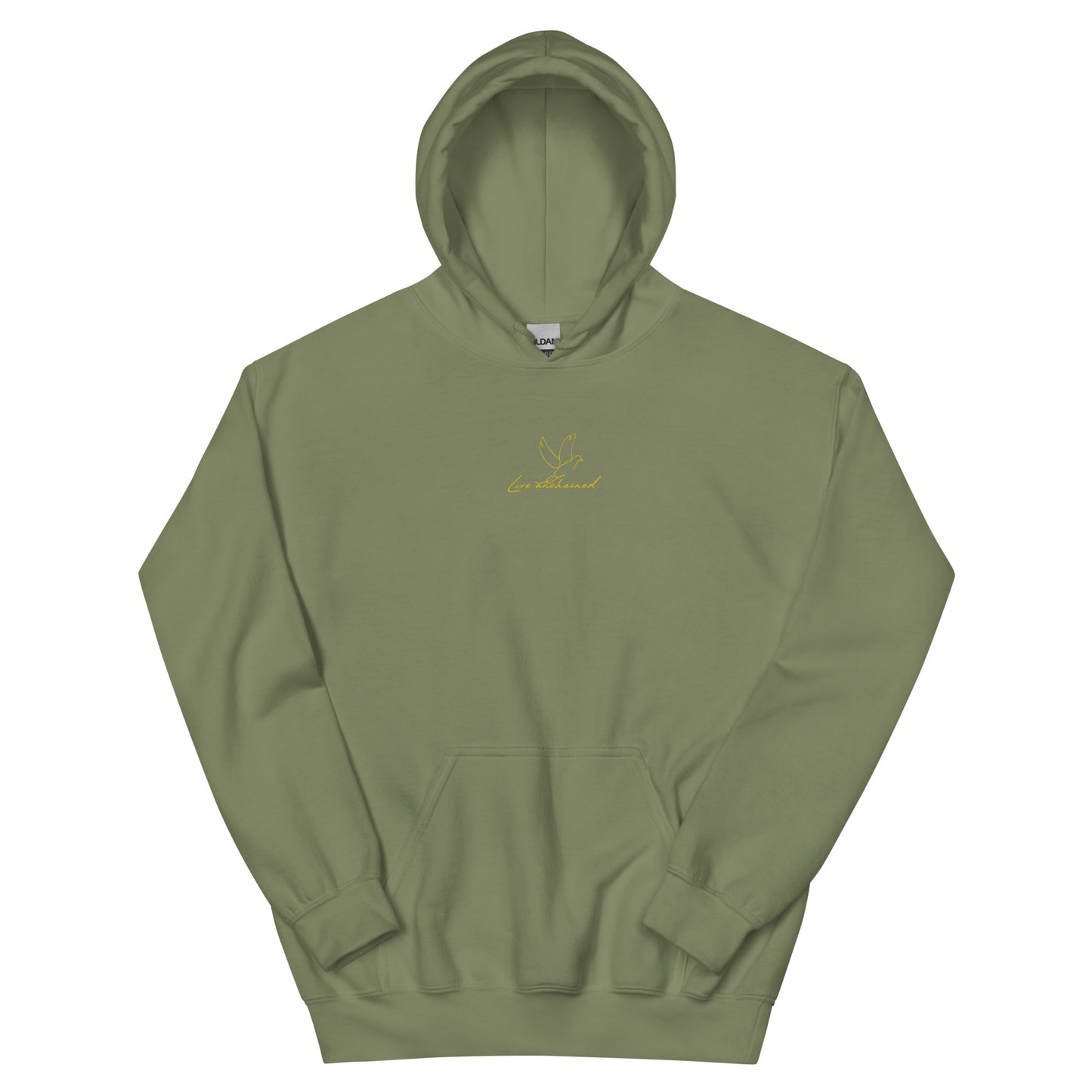 Green unisex cotton hoodie with minimalist “Love Unchained” embroidery; soft, breathable, and comfortable everyday wear.