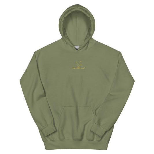 Green unisex cotton hoodie with minimalist “Love Unchained” embroidery; soft, breathable, and comfortable everyday wear.