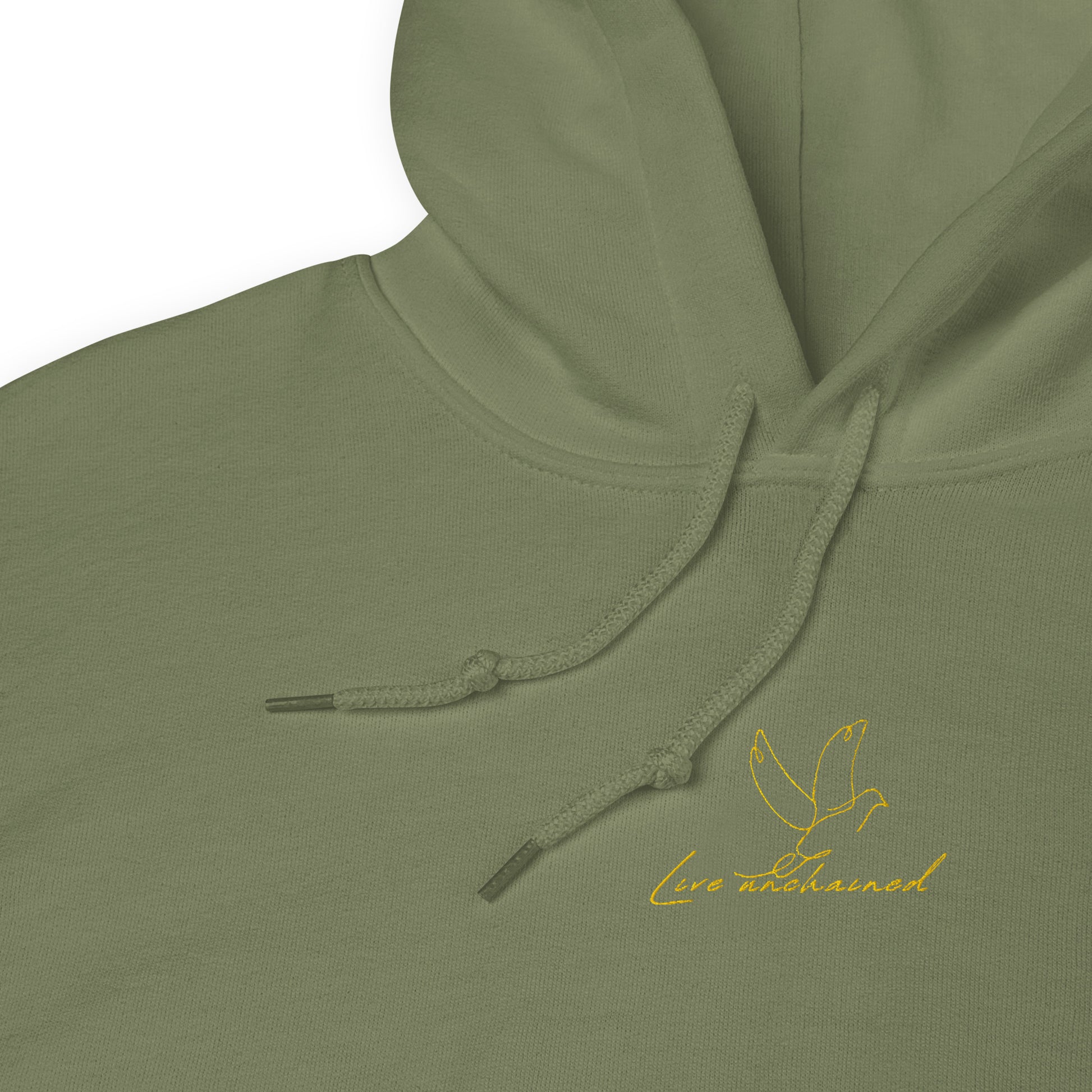 Green unisex cotton hoodie with minimalist “Love Unchained” embroidery; soft, breathable, and comfortable everyday wear.