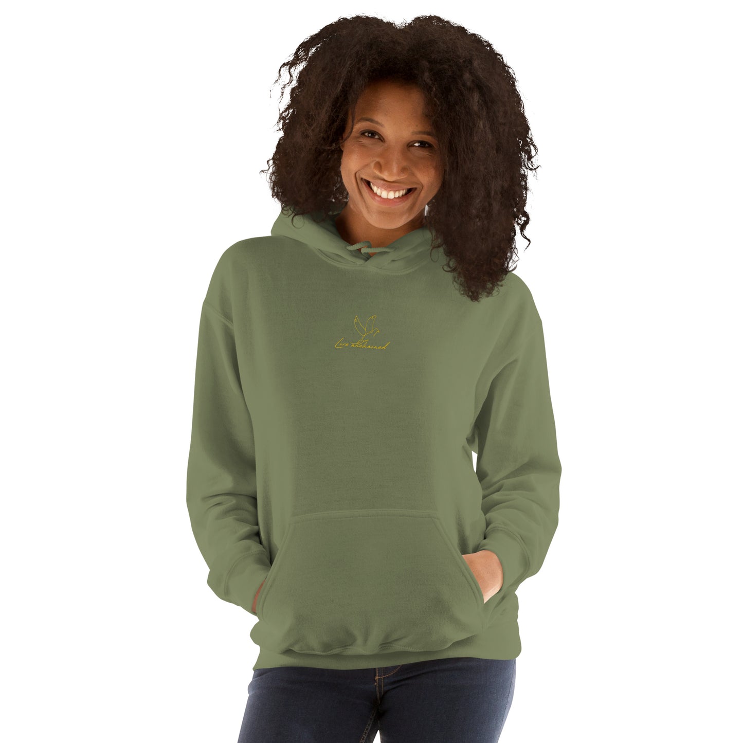 Relaxed green hoodie with “Love Unchained” embroidery; unisex design symbolizing openness, connection, and emotional freedom.